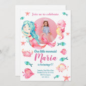 ピンクマーメイドキッズフォトガール誕生日招待状 招待状 (正面/裏面)