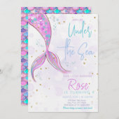 ピンクマーメイドテールガール誕生日 招待状 (正面/裏面)