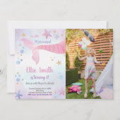 ピンクマーメイドテール誕生日招待状と写真 招待状 (正面)