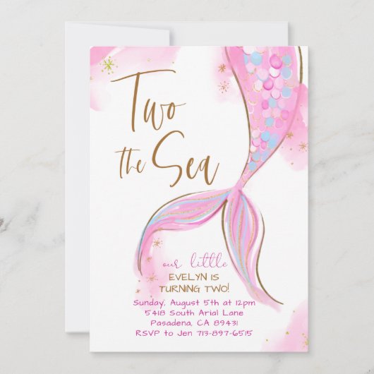 ピンクマーメイドパーティーツザ海の第2の誕生日 招待状 (正面)
