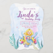 ピンクマーメイドパーティー誕生日招待状 (正面/裏面)