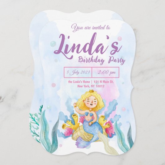 ピンクマーメイドパーティー誕生日招待状 (正面/裏面)