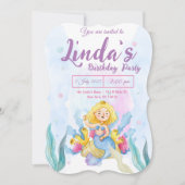 ピンクマーメイドパーティー誕生日招待状 (正面)