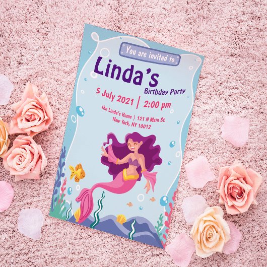 ピンクマーメイドパーティー誕生日招待状