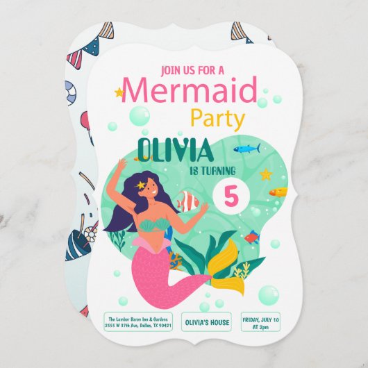 ピンクマーメイドパーティー誕生日招待状 セーブザデート (正面/裏面)