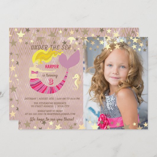 ピンクマーメイドフォト誕生日 招待状 (正面/裏面)