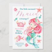 ピンクマーメイドプールパーティーガール誕生日招待状 招待状 (正面)