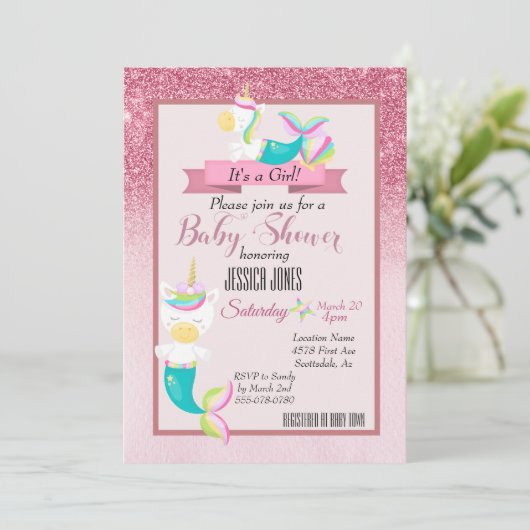 ピンクマーメイドユニコーンスパークルベビーシャワー招待状 招待状 (スタンド正面)