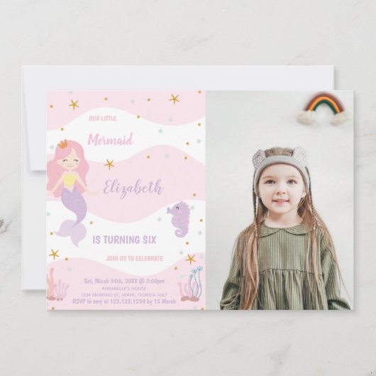 ピンクマーメイド誕生日招待状と写真 招待状 (正面)