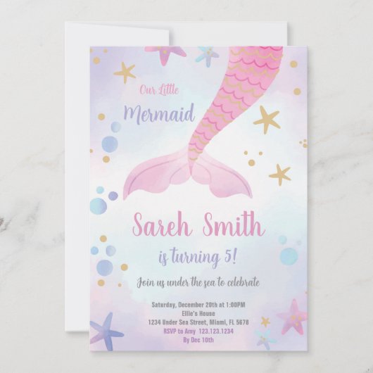 ピンクマーメイド誕生日招待状 招待状 (正面)