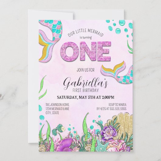 ピンクマーメイド1歳の誕生日 招待状 (正面)