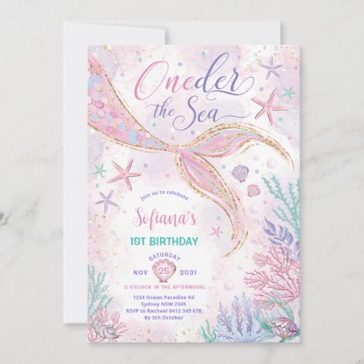 ピンクマーメイド1stバースデーオンダーザシーパーティー 招待状 (正面)