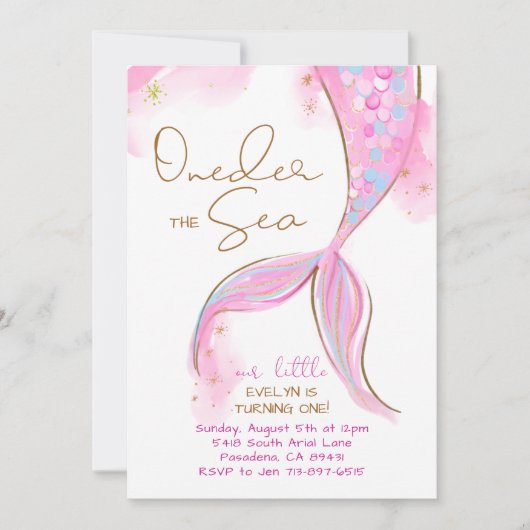 ピンクマーメイド1st誕生日パーティーワンダーザシー 招待状 (正面)