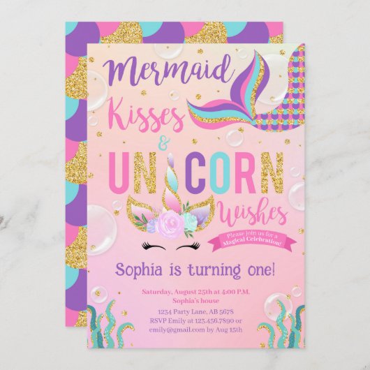 ピンクマーメイド&ユニコーン誕生日 招待状 (正面/裏面)