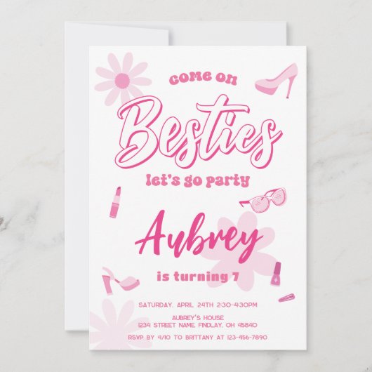 ピンクマ来リブオンベスティーズ誕生日パーティー任意の年齢 招待状 (正面)