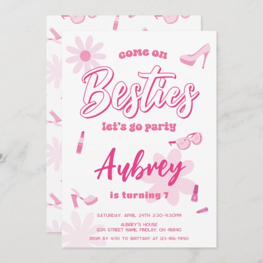 ピンクマ来リブオンベスティーズ誕生日パーティー任意の年齢 招待状 (正面/裏面)