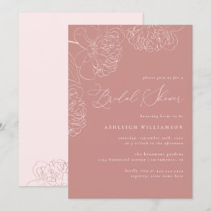 ピンクミニマリストハンドドロードプオニーブライダルシャワー 招待状