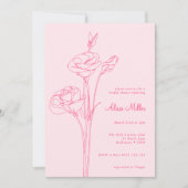 ピンクミニマリストラインフローラブライダルシャワー 招待状 (正面)