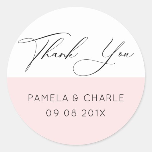 ピンクミニマルと白ありがとうタイポグラフィ ラウンドシール (正面)