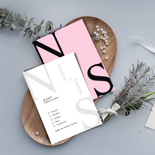 ピンクミニマルエレガントリストはっきりしたとイニシャル結婚ズ 出欠カード