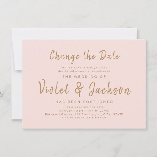 ピンクミニマルスクリプトによる延期日の変更 招待状 (正面)