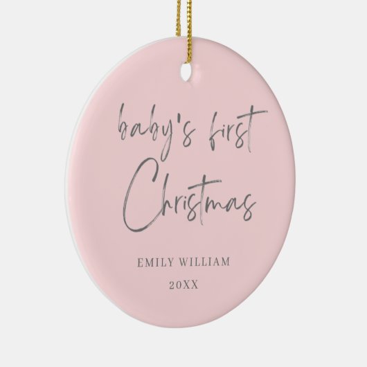 ピンクミニマルフォトエレガントベビーの最初のクリスマス セラミックオーナメント (右)