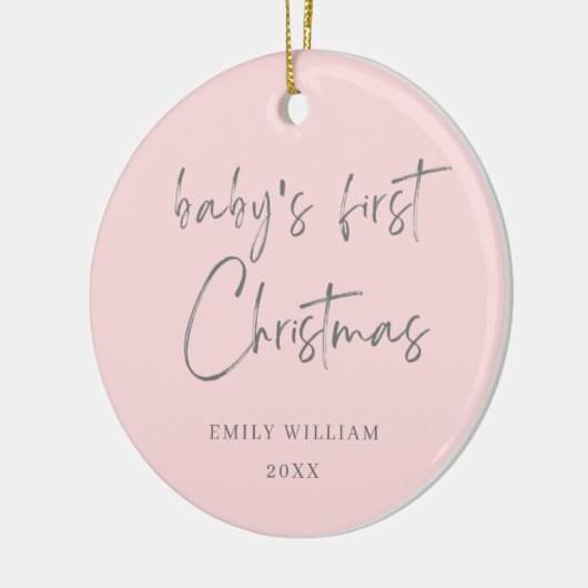 ピンクミニマルフォトエレガントベビーの最初のクリスマス セラミックオーナメント (左)