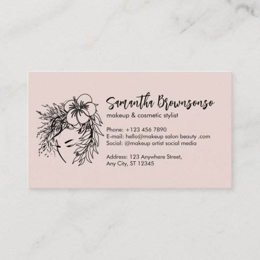 ピンクミニマルフローラヘアスタイルメイクアップ化粧料 名刺 (裏面)