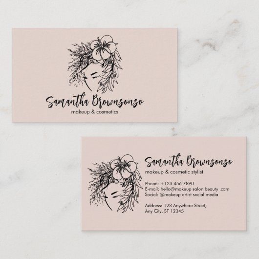 ピンクミニマルフローラヘアスタイルメイクアップ化粧料 名刺 (正面/裏面)