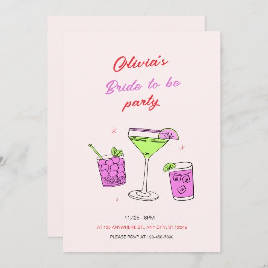 ピンクミニマルブライダルシャワー花嫁へパーティー 招待状 (正面/裏面)