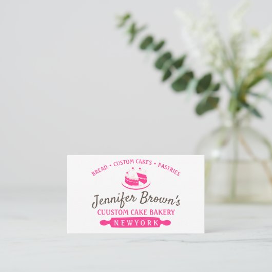 ピンクミニマルベーカリーパティシシェフケーキ 名刺 (スタンド正面)
