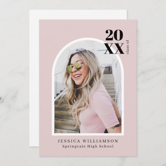 ピンクミニマルモダンアーチ写真卒業パーティー 招待状 (正面/裏面)