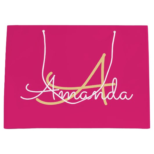 ピンクミニマルモノグラム名ブライダルシャワーのお願い ラージペーパーバッグ (正面)