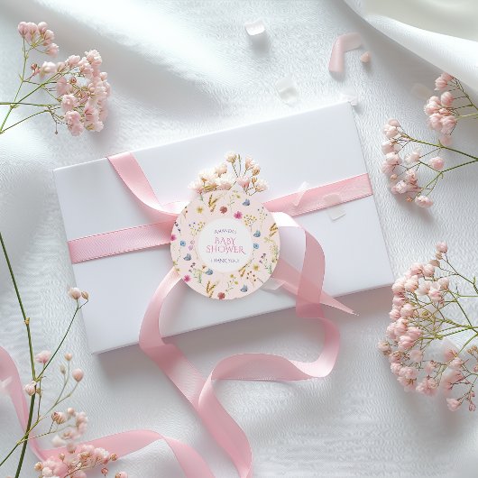 ピンクミニマルワイルドフラワーガールシャワーサンキュー ラウンドシール