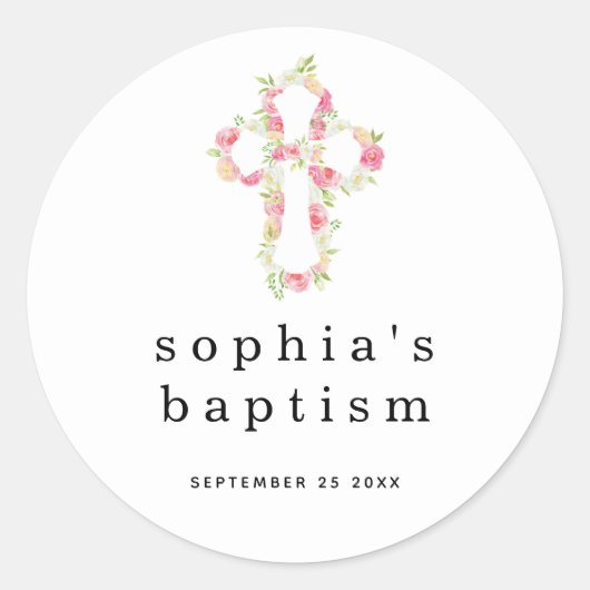 ピンクミニマル花模様クロスネーム日付少女バプテスマ ラウンドシール (正面)