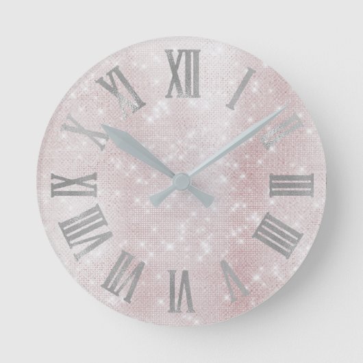 ピンクミニマル赤面シルバーグレースパークローマ数字 ラウンド壁時計 (正面)