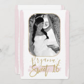 ピンクミニマル金ゴールドモダンスイート16フォト写真 招待状 (正面/裏面)