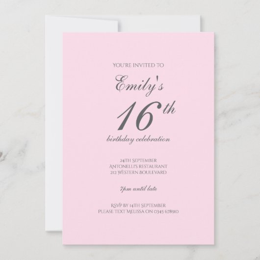 ピンクミニマル16th誕生日パーティーの招待状 招待状 (正面)