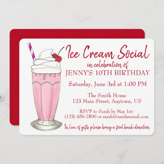 ピンクミルクシェイクアイスクリームソーシャル誕生日パーティー 招待状 (正面/裏面)