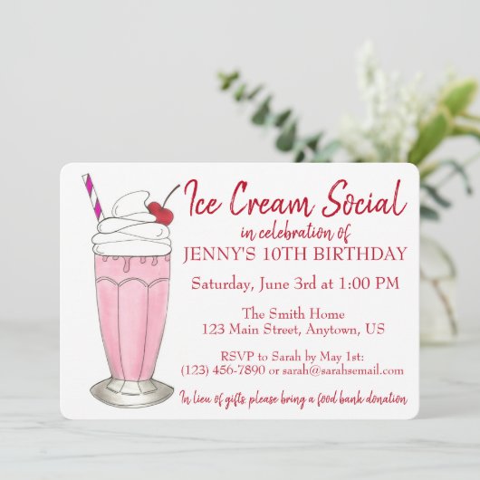ピンクミルクシェイクアイスクリームソーシャル誕生日パーティー 招待状 (スタンド正面)