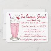 ピンクミルクシェイクアイスクリームソーシャル誕生日パーティー 招待状 (正面)