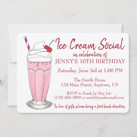 ピンクミルクシェイクアイスクリームソーシャル誕生日パーティー 招待状 (正面)