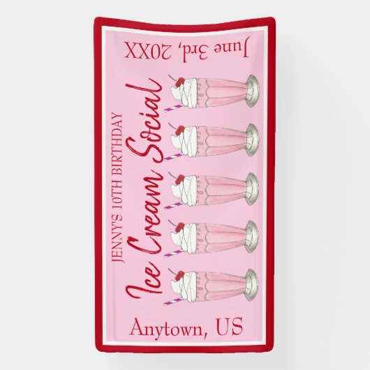 ピンクミルクシェイクアイスクリームソーシャル誕生日パーティー 横断幕 (縦)