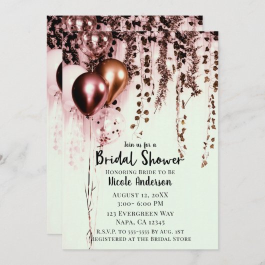 ピンクミンクバラ金ゴールドライツ素朴アイビーブライダル 招待状 (正面/裏面)