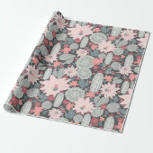 ピンクミントの多肉植物とサボテン模様 ラッピングペーパー (アンロールド)