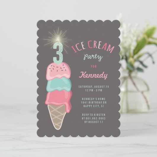 ピンクミントアイスクリームガール3rd誕生日パーティー招待状 招待状 (スタンド正面)