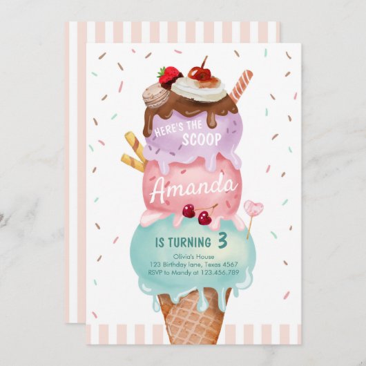 ピンクミントアイスクリームコーンスクープ誕生日招待状 招待状 (正面/裏面)