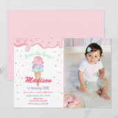 ピンクミントアイスクリームコーン紙吹雪誕生日招待状 招待状 (正面/裏面)