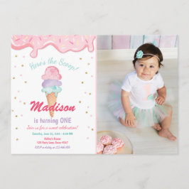 ピンクミントアイスクリームコーン紙吹雪誕生日招待状 招待状