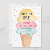 ピンクミントアイスクリームコーン紙吹雪誕生日招待状 招待状 (正面)